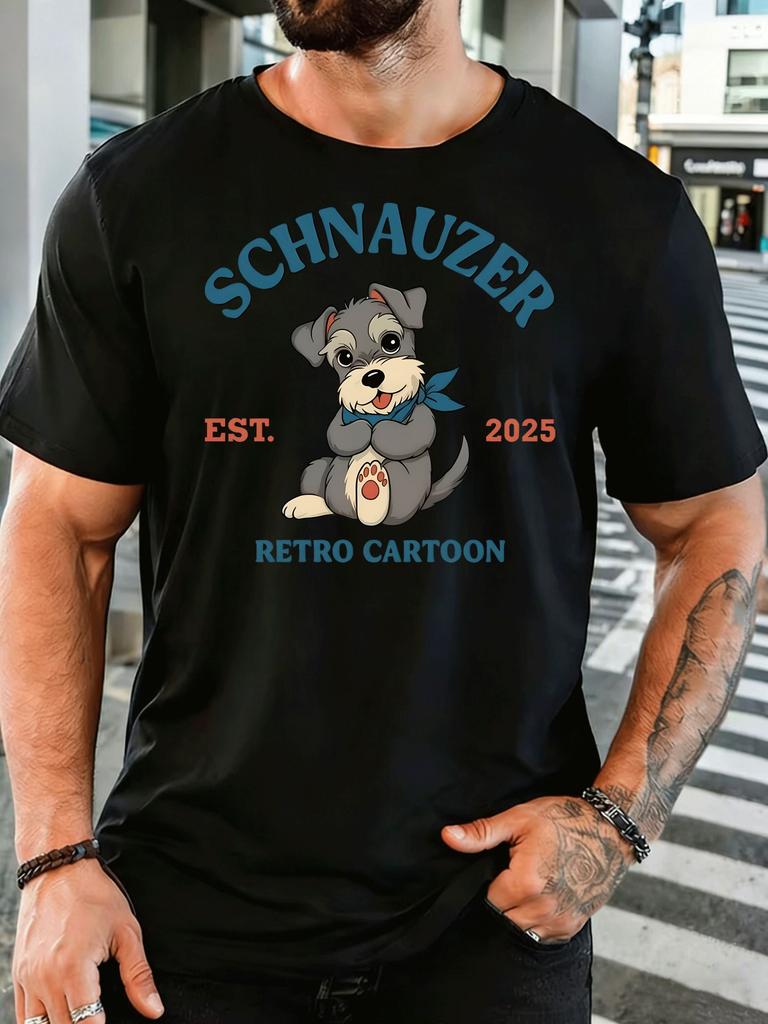 Unisex Retro Schnauzer Puppy Letter Graphic Cotton Short Sleeve Tee Crew Neck Soft Male Summer Casual Breathable Daily Street Top
