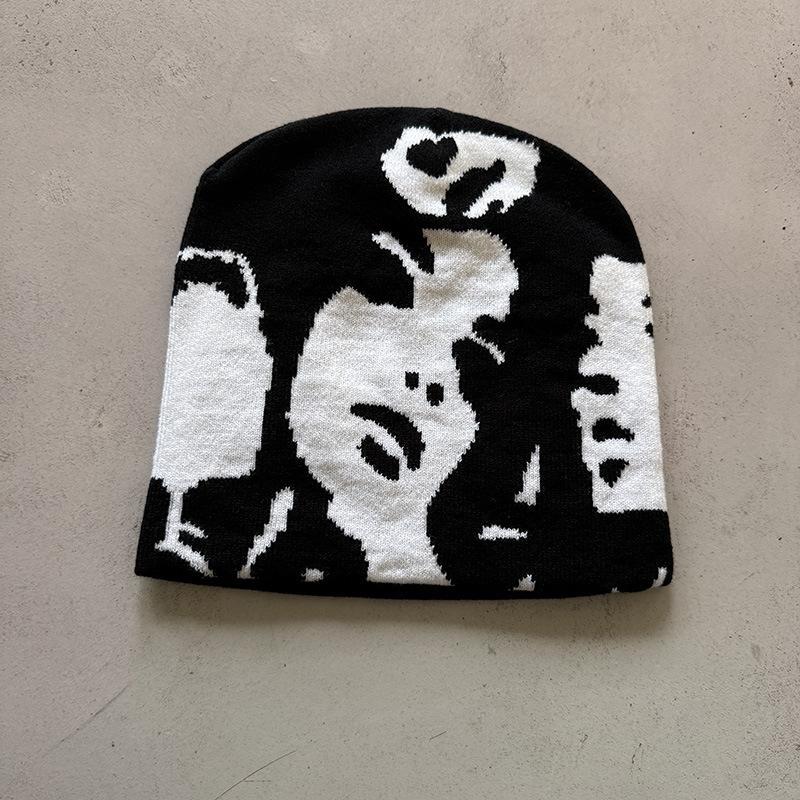 1pc Face Pattern Intarsia Beanie Hats,winter Casual windproof elastic skull Cap,Suitable for outdoor activities and daily wear