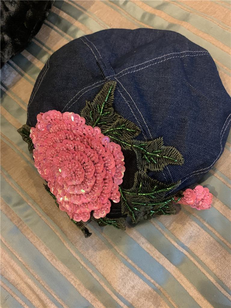 Ins Chic Design Style Spring Denim Pink Beaded Flowers Shine Luxury Lady Beret Cap Women Leisure Painter Hat