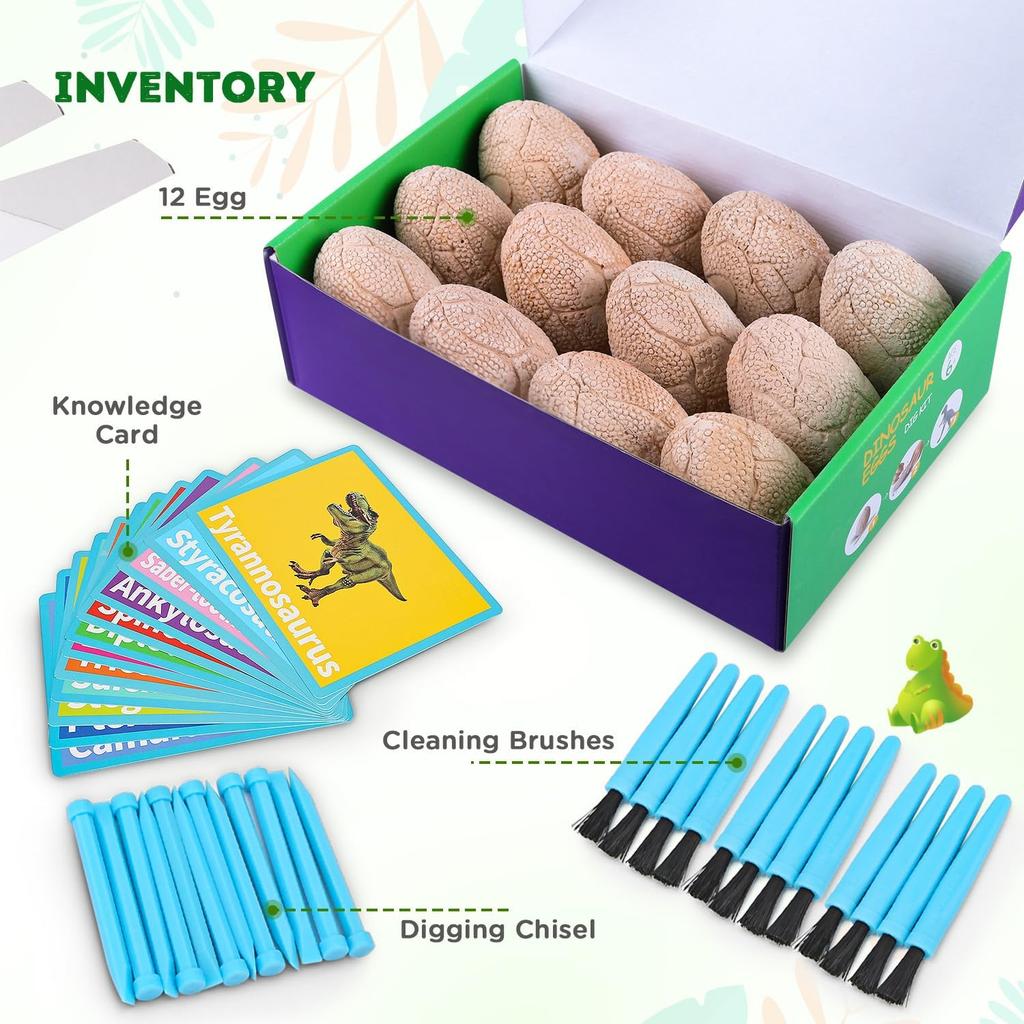 Dig Up Dinosaur Fossil Eggs, Break Open 12 Unique Eggs and Discover 12 Cute Dinosaurs, Easter Digging Toy for 3 4 5 6 7 8 9-12 Year Old Boys