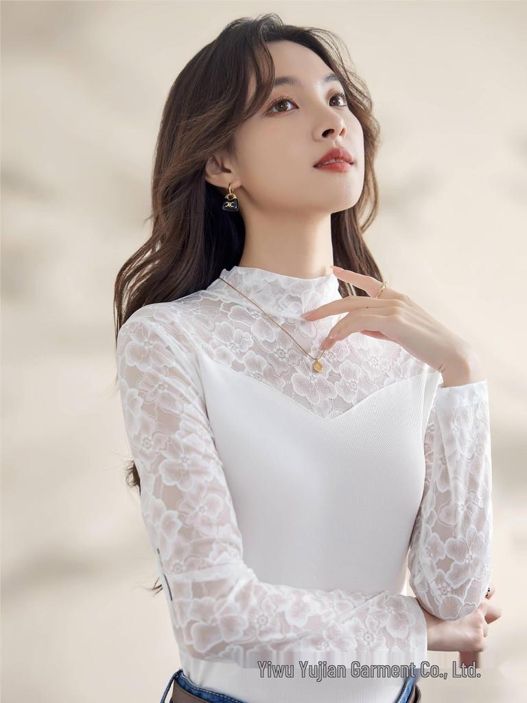 New Style Embroidered Mesh Lace Base Layer Shirt - Women's Slim Fit, Long Sleeve, Spring/Autumn Fashion Top