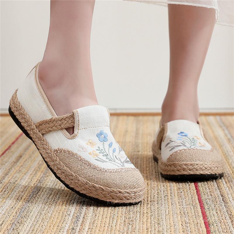 Boho Ethnic Floral Embroidery Canvas Loafers, Hand Stitched Jute Woven Sole Slip On Espadrille, Soft Insole Mother Shoes