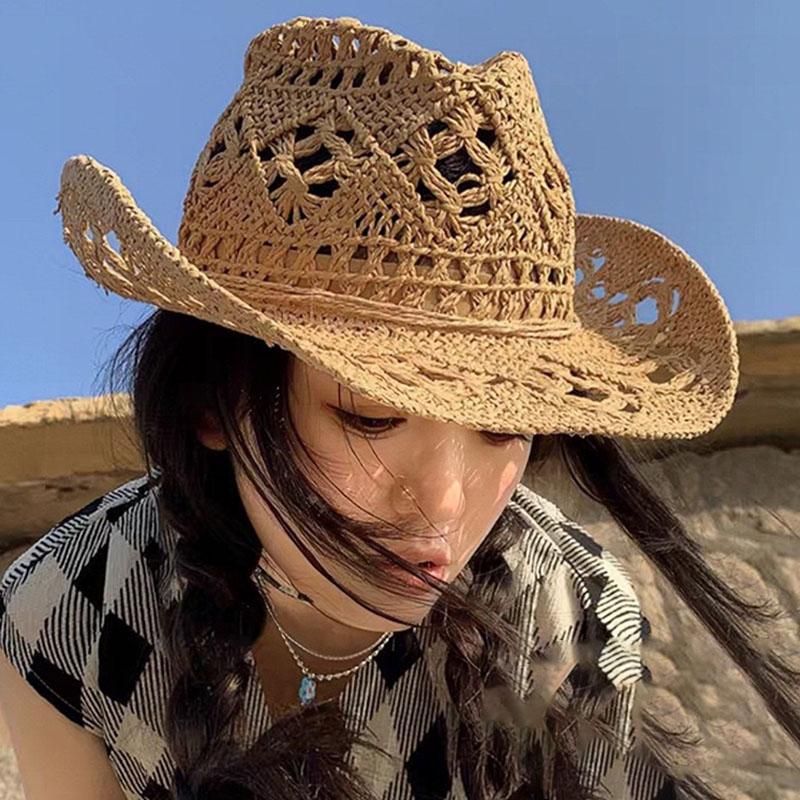 Straw Hat for Women Men Summer Handmade Classic Vintage Hollow Out  Western Curled Wide Brim Sun Hat Fishing Hat Climbing Cap