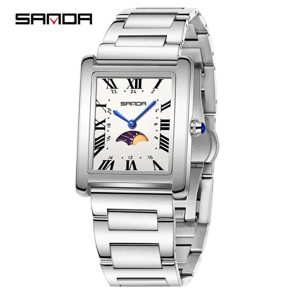 Sanda Women's Retro Quartz Waterproof Watch with Roman Numerals, Moon Phase, and Light Luxury Design - Square Model 9122.