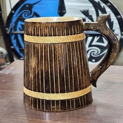Handmade Wooden Beer Drinking Mug with Beautiful Rope Design 17.78 Cm Height