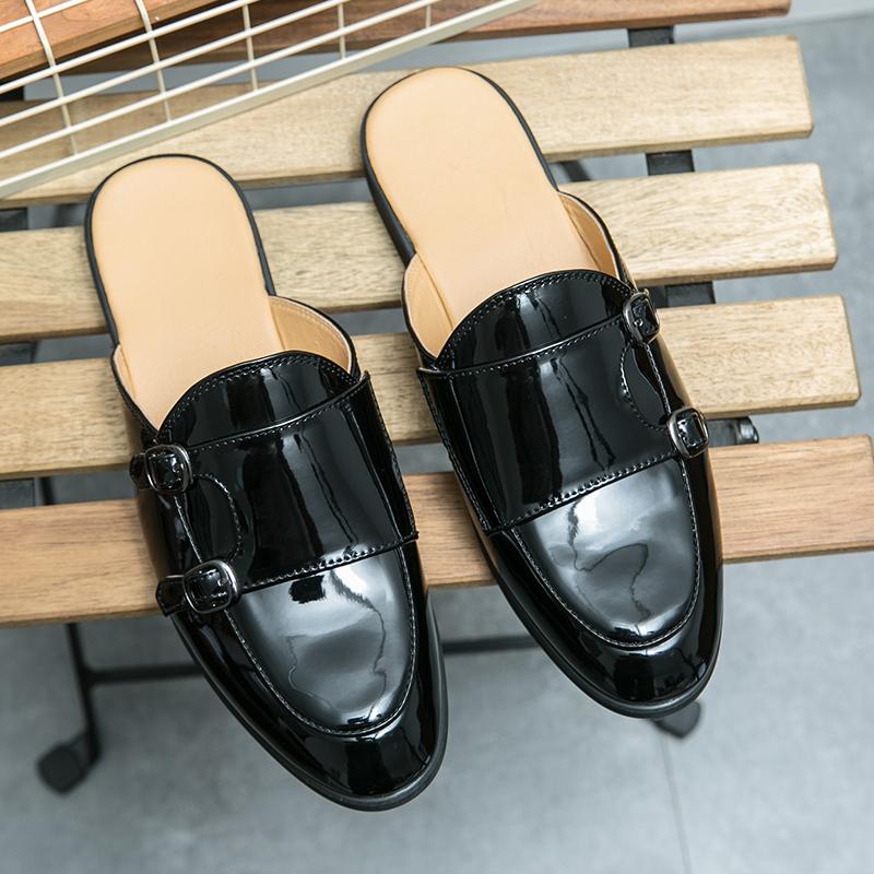 New Men Half Slippers Loafers Casual Monk Strap Serpentine Patent Leather Mules Moccasins Breathable Soft Slip On Driving Shoes