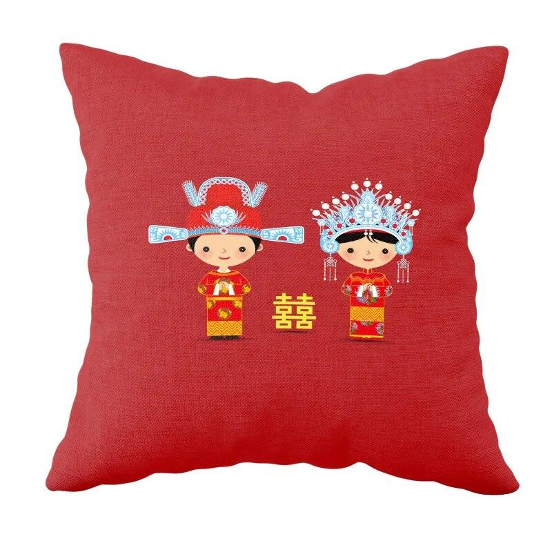 New Chinese Style Wedding Supplies Xi Word Hug Pillow Cover Peach Blossom Print Cushion Bed Square Headrest