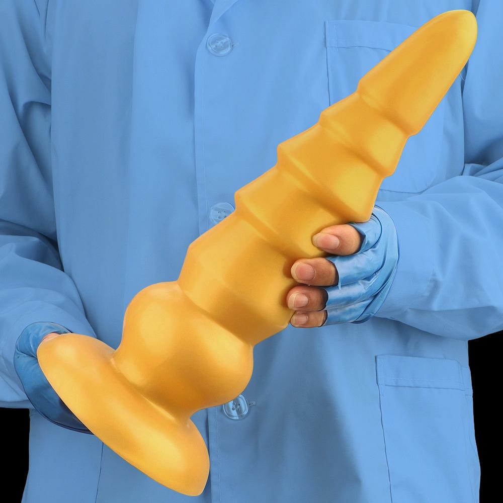 Extra velký zlatý žebrovaný silikonový anální kolík Velký penis Realistické dildo Hračka Pěstování Obrovský penis