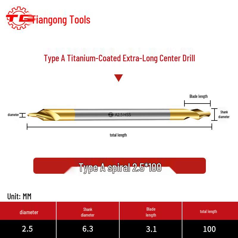Burghiu de centrare Tiangong Tip A din oțel rapid placat cu titan pentru oțel inoxidabil