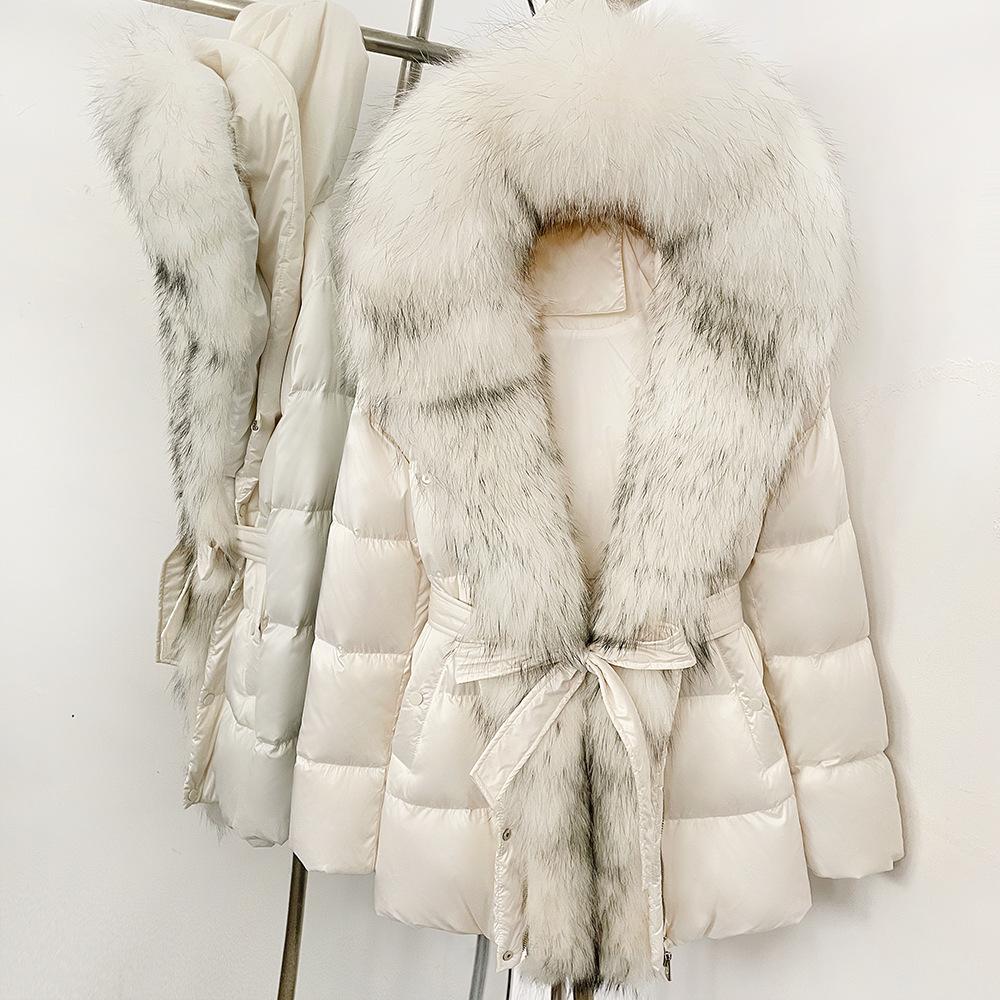 Winter lace-up hooded loose thickened coat women's retro versatile temperament real fox fur collar duck down jacket