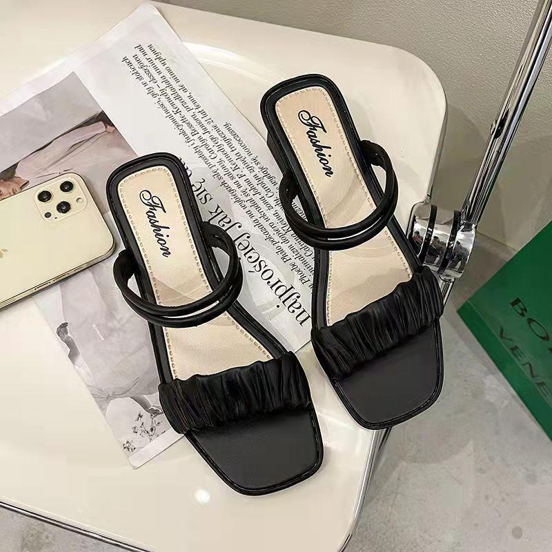 

Женские босоножки на толстом каблуке, летние туфли карамельного цвета с плиссированным верхом и квадратным носком 40-41 250mm чёрный