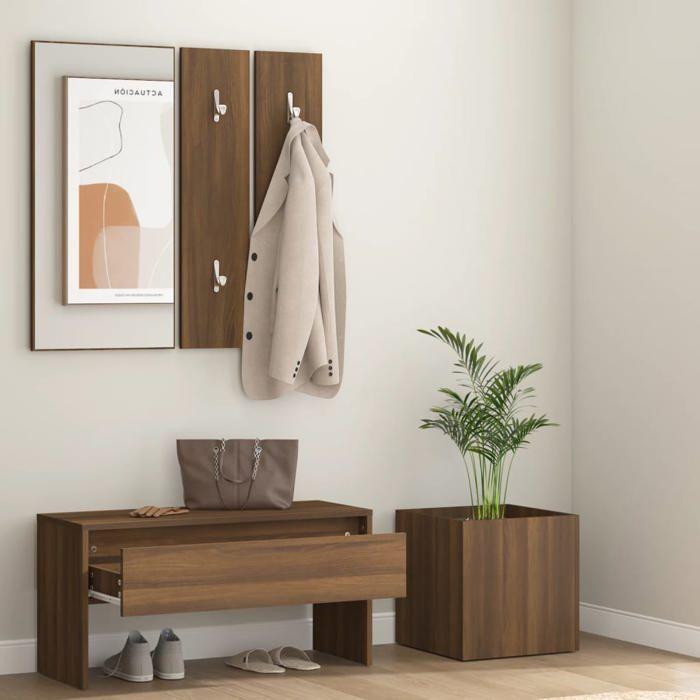 VidaXL Ensemble de Meubles de Couloir Banc d'Entrée Boîte de Rangement Miroir de Coiffeuse Porte-manteau Chêne Marron Bois 3120199
