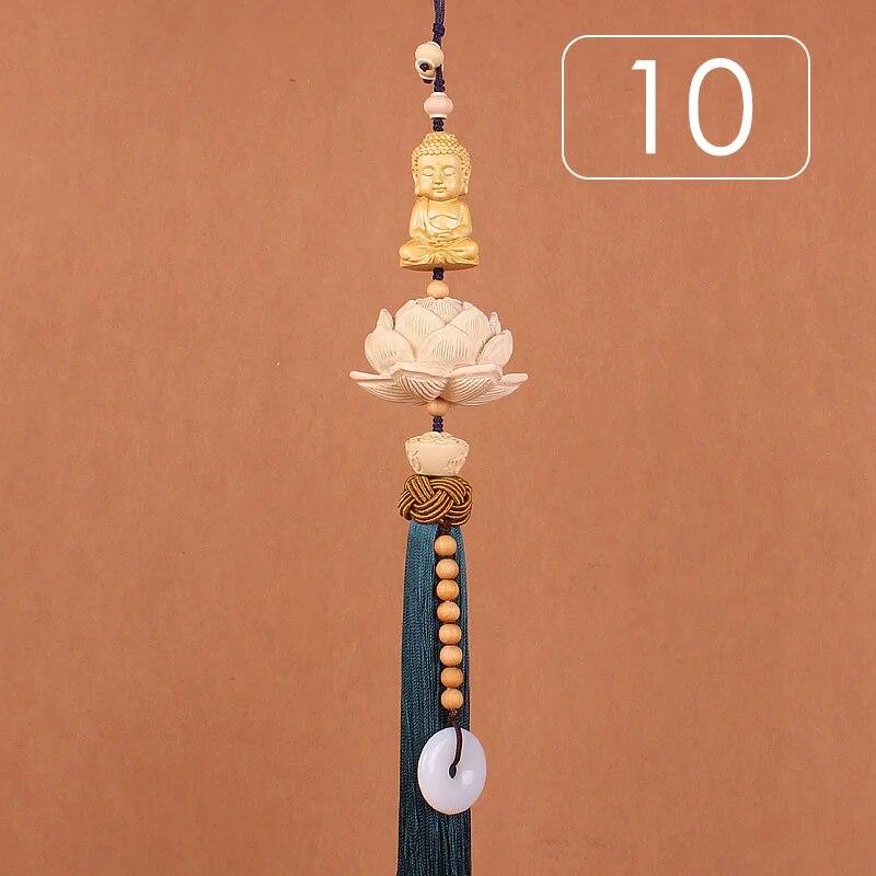 Chinese Style Lucky Fu Wooden Carved Lotus Buddha Statue Pendant Creative Gift Home Car Hanging Accessories Decor Auto Interior