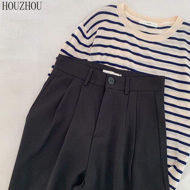 HOUZHOU Kostýmové kalhoty Ženy Rouška Vysoký pas Jarní Kalhoty Ležérní Mopping Volný Kancelář Lady Klasické široké kalhoty