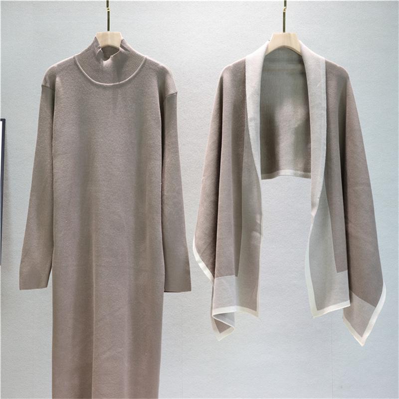 

Шаль-жакет, вязаное платье, комплект из двух предметов для женской осени, свободная юбка, темпераментный модный комплект One Size верблюд