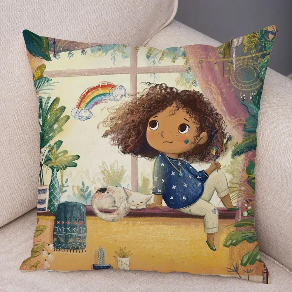 Față de pernă decorativă Artă Lume de basm colorată, Minunată față de pernă cu fetiță de desene animate, pentru canapea, casă, față de pernă super moale de pluș