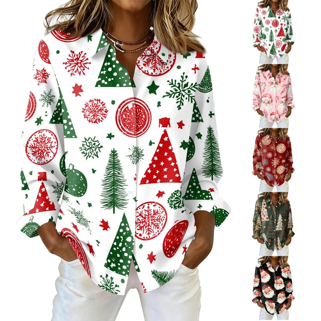 Women's Casual Long Sleeve Christmas Print Cardigan Top for Holiday