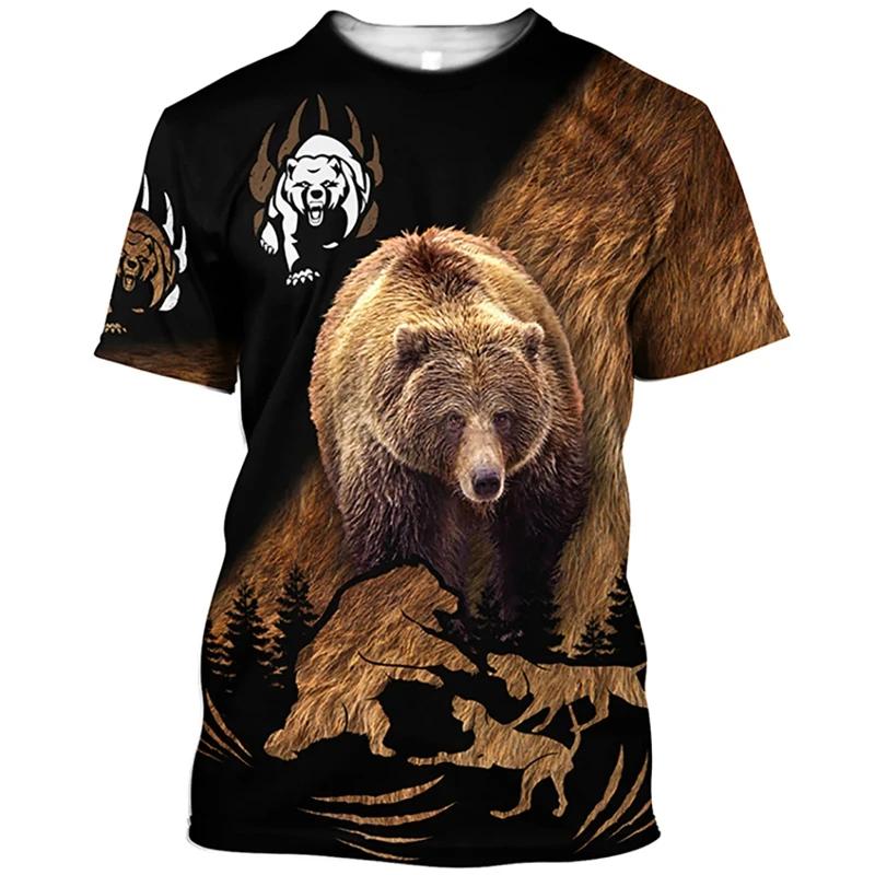 Pánské outdoorové lovecké tričko s 3D potiskem zvířete medvěda, ležérní streetwearové tričko s O-výstřihem a nadměrnou velikostí