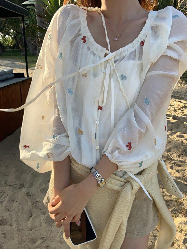 Women's Long Sleeve Lemon Green Tea Floral Embroidered Shirt – Slimming Tie-Up Sun Protection Top