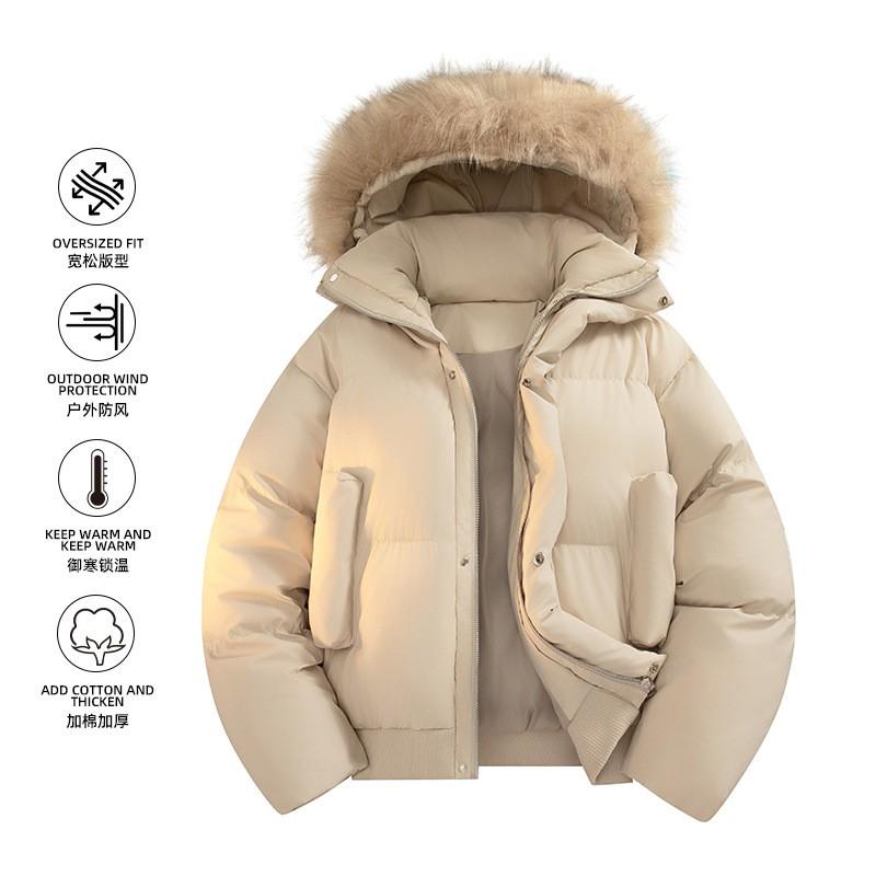 Unisex Winter Thick Cotton Puffer Jacket With Detachable Faux Fur Hooded Collar Oversized Fit Men Women