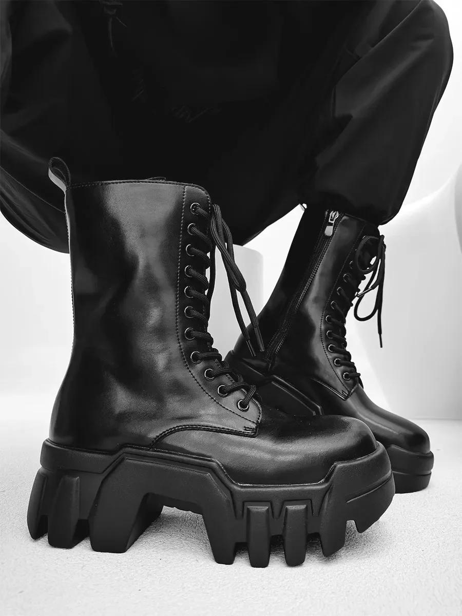 

2025 Men Motorcycle Boots Platform Leather Luxury Trainers High Top Sneakers Lace Up Zip Autumn Black Shoes 35