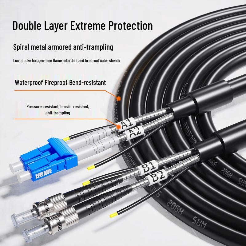 Outdoor Armored Single-Mode Duplex LC-ST Fiber Optic Patch Cable