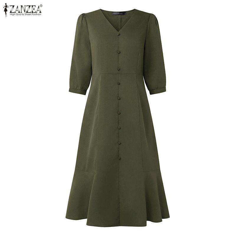 ZANZEA Women Casual V-Neck Solid Color Short Sleeve A-line Dress