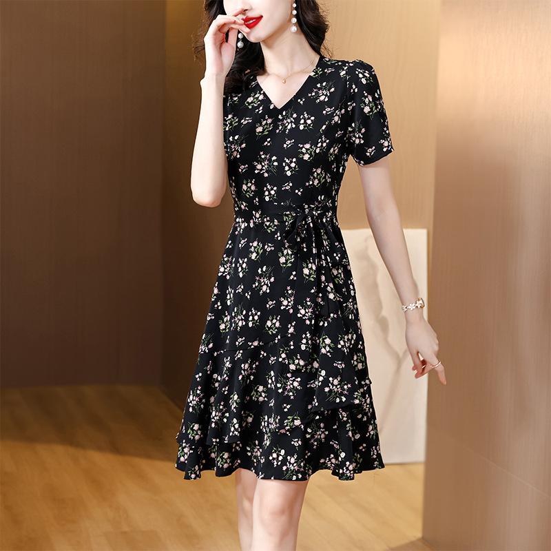 

Женская летняя одежда новый темперамент знаменитости цветочный тонкий живот шифоновое платье 3XL чёрный