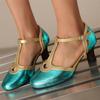 FOREADA Women Two-Piece Pumps Round Toe Thick High Heels Buckle T-Tied Mary Janes Ladies Fashion Shoes Spring Autumn Green 46