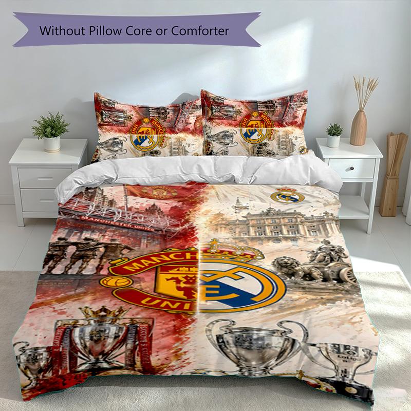 3pcs Football club logo Duvet Cover Set, Includes 1 Duvet Cover and 2 Pillowcases,Skin-Friendly&Comfortable Fabric,Suitable Bedding Sets