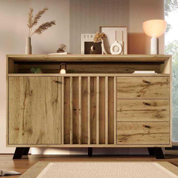 Buffet - 3 Drawers and 2 Doors - Storage Furniture - Adjustable Shelf - Living Room, Dining Room, In Dark Oak, 120x40x85 Cm