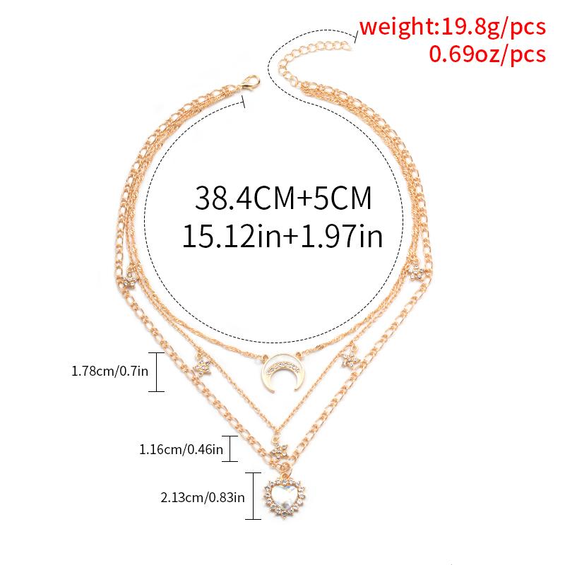 Multi Layer Gold Color Metal Necklace Vintage Love Heart Crystal Necklace Alloy Moon & Crystal Necklace for Women and Girls