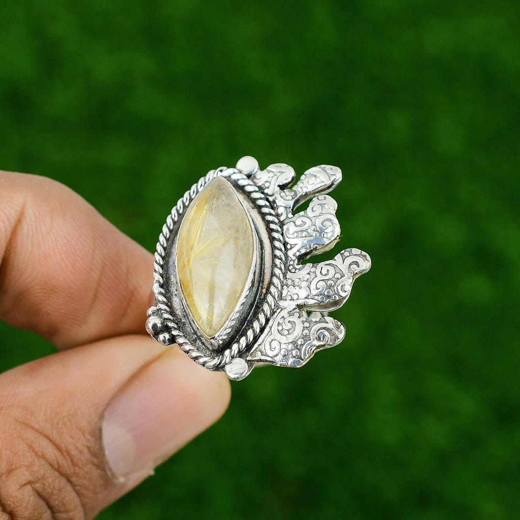 Mothers day Deal 925 Silver Marquise Golden Rutile Stone Engagement Ring Jewelry
