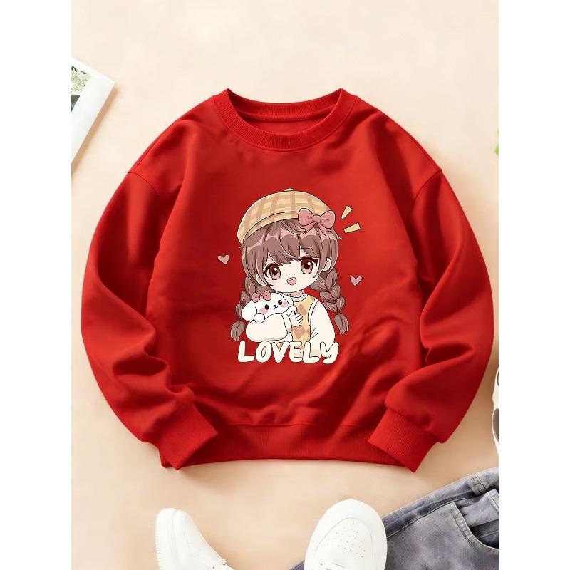 Kids Crewneck Long Sleeve Sweatshirt, Lovely Healing Print of Girl Hugging Rabbit