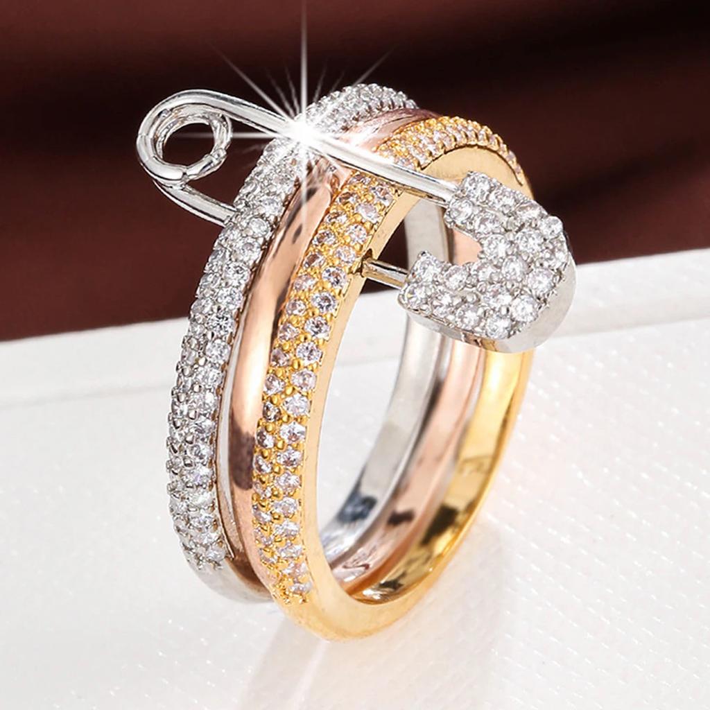 Connection Three Layers Pin Rings for Women CZ Cubic Zirconia Stackable Rings Stainless Steel New Year Gift Party Jewelry