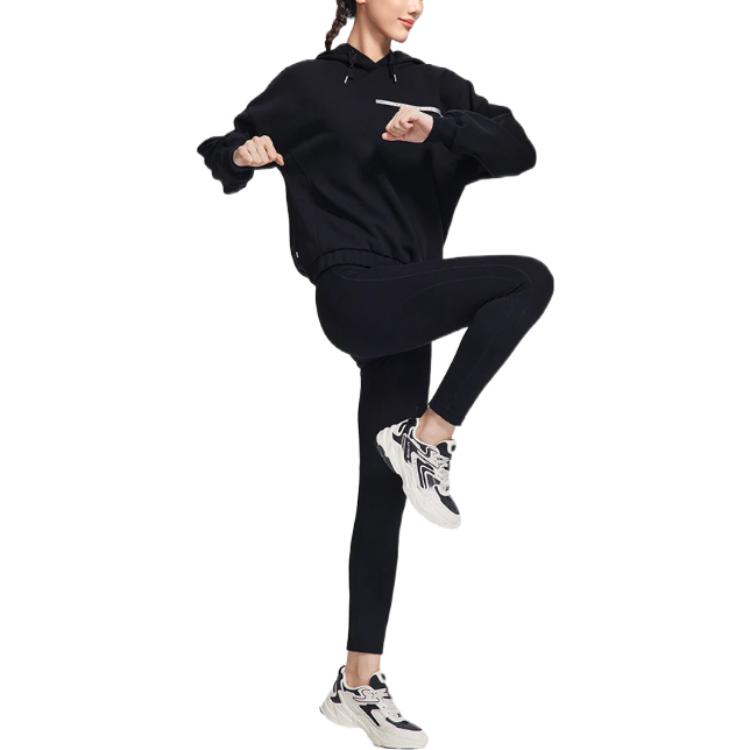 Li Ning Plain Letter Print Drawstring Pullover Hoodie Women Hoodies Black AWDSB02-2