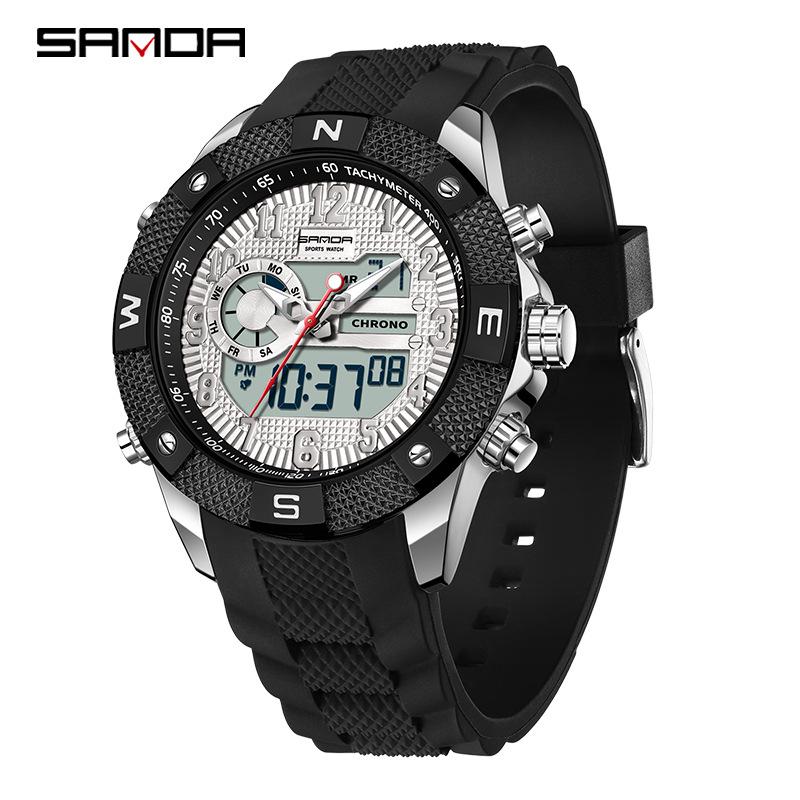 Sanda Men s Trendy Multifunction Electronic Watch: Dual Display, Silicone Strap, Waterproof, Outdoor Sports Wristwatch.