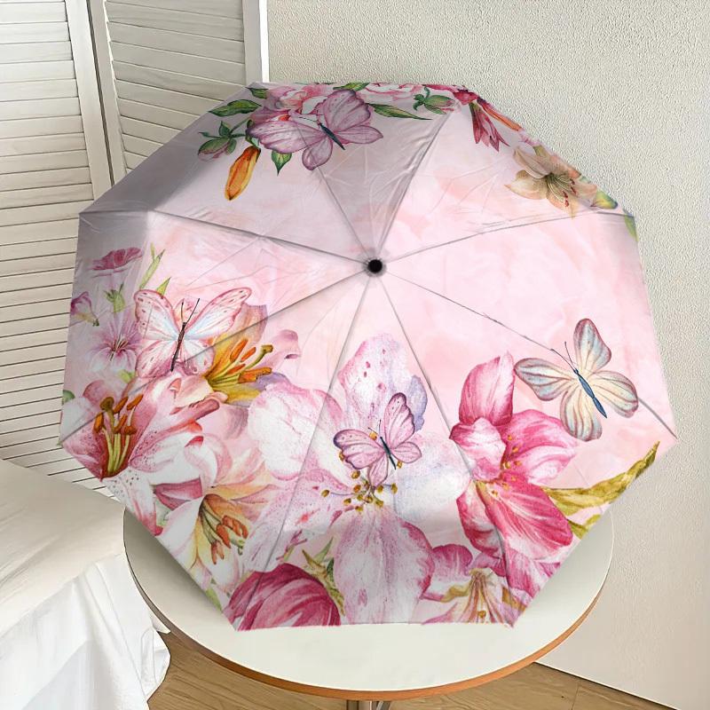 1 Stück Blumen Schmetterling Automatischer Faltregenschirm, Robuster 8-Rippen-Eisenrahmen, Geeignet für Reisen, Täglichen Gebrauch, Geburtstag, Dekorationsgeschenk m0104019