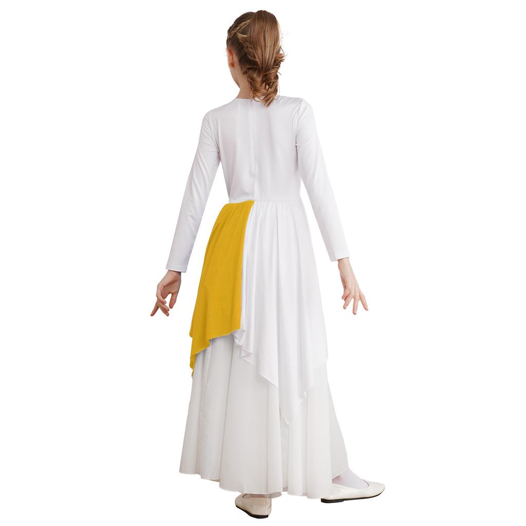 Mädchen Anbetungs-Aufführungskleid Langarm Metallischer Kontrast Asymmetrischer Rock Lyrisches Tanzkostüm