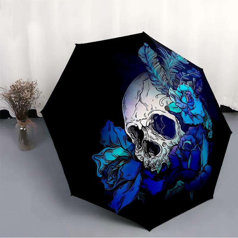 1pc Skull Roses Fashionable Automatic Opening/Closing Folding Umbrella with 8 Bones, Windproof Portable, Daily Use079