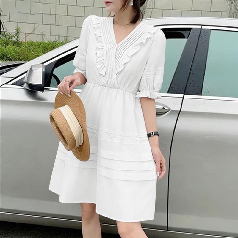 ZANZEA Women Ruffles V-Neck Solid Color Casual Half Sleeve Dress S
