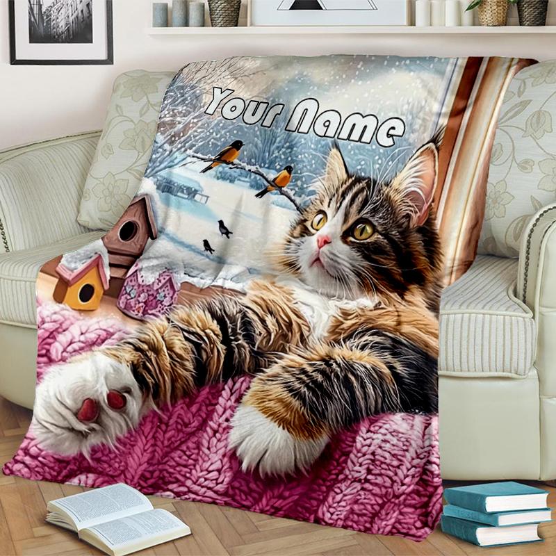 1PC Custom Name Winter Cat Window Scene flannel blanket versatile, all-season throw suitable for the living room, bedroom, camping, travel, and gift