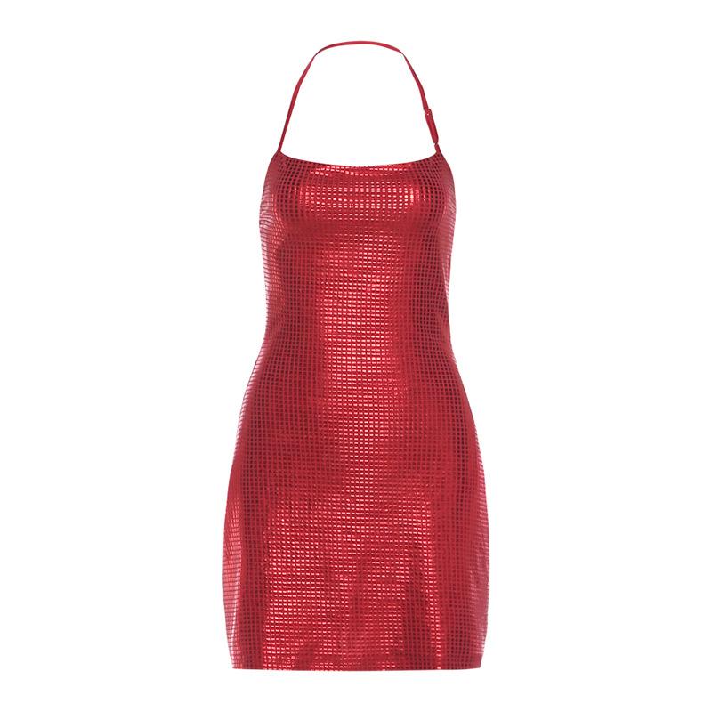 European and American autumn, Christmas Spice Girl sexy square neck backless sleeveless temperament neck dress S красный