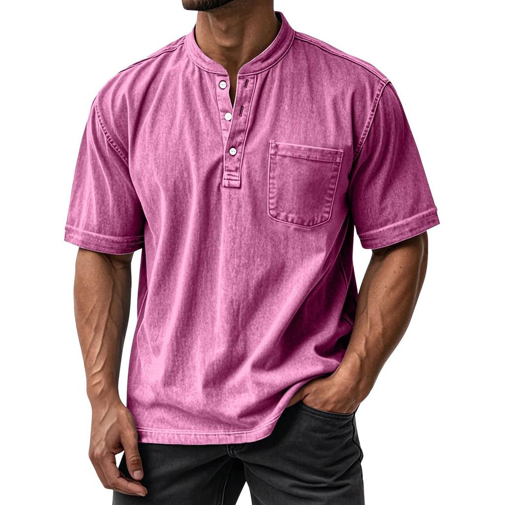 Men's Summer Round Neck Short Sleeve T-Shirt Neck Men's All- Casual Button Shirt
