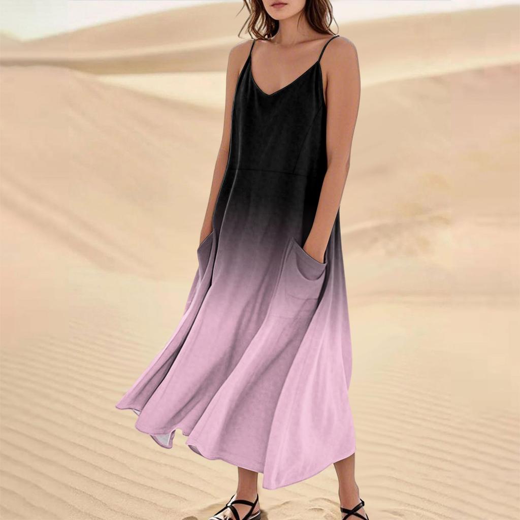 Women's Casual V Neck Gradient Print Sleeveless Pocket Suspender Dress