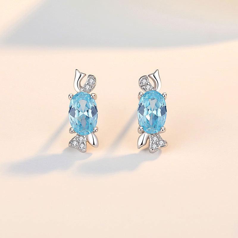 Tichia Sea Blue Zircon Candy Stud Earrings, S925 Sterling Silver, Korean Style, Exquisite Design, Versatile for Women. 925 Sterling Silver