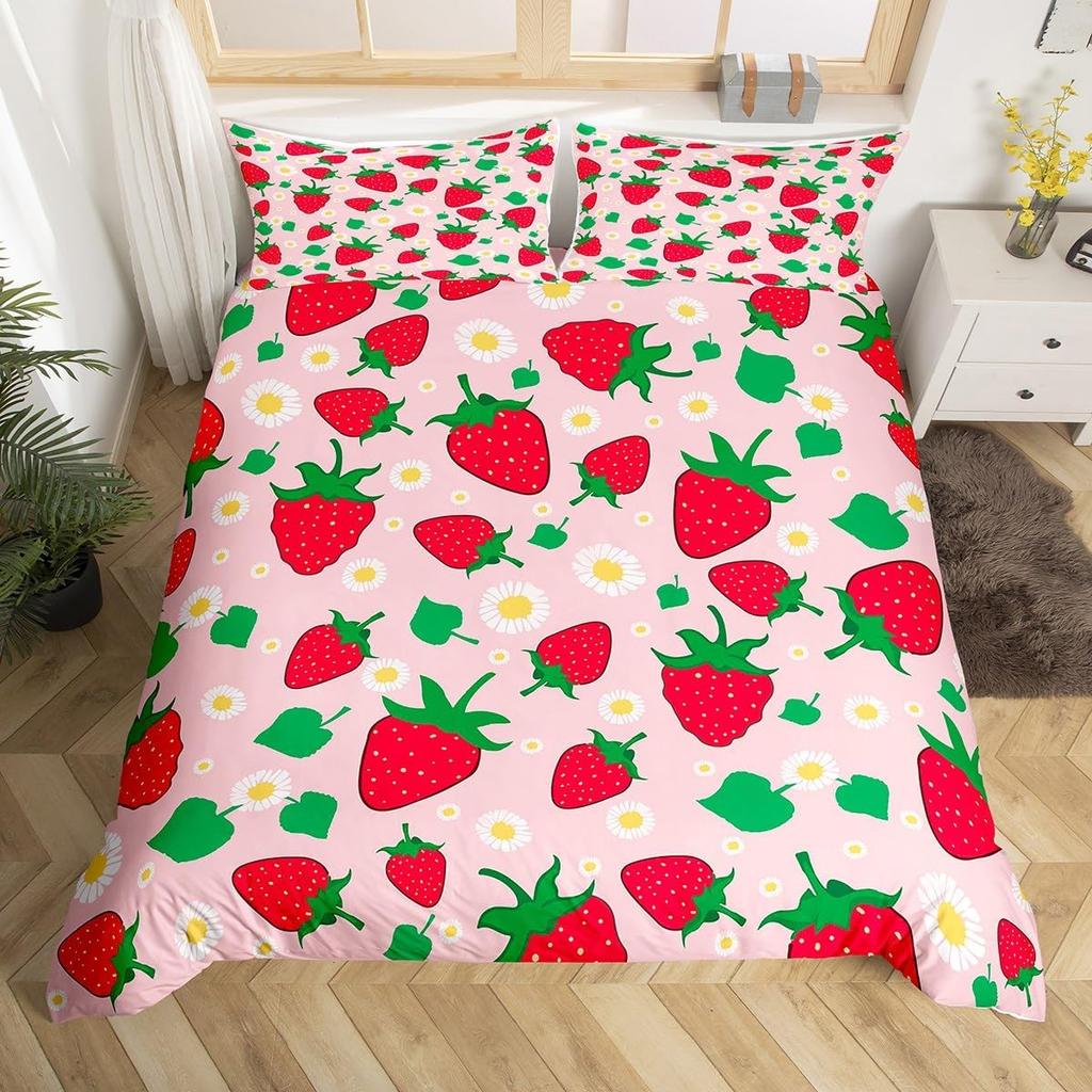 Cute Strawberry Duvet Cover Full King,Flower Leaves Tropical Fruit Bedding Set,Garden Rustic Plants Watercolor Chic Quilt Cover