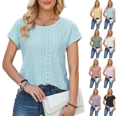 Women's Fashion Casual Solid Color Print Short Sleeve O Neck Blouses & Shirts
