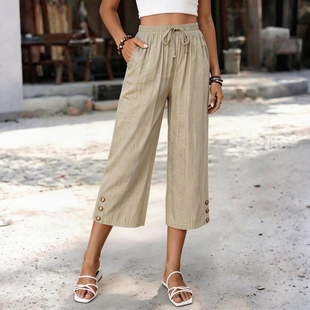 Women Drawstring Waist Loose Fit Cropped Pants with Pockets and Button Detail Casual Straight Leg Trousers
