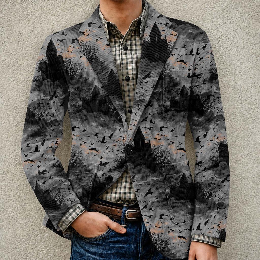 Men's Halloween Printed Corduroy Warm Pocket Blazer Jacket Casual Suit Coat Button Front Long Sleeve Outerwear